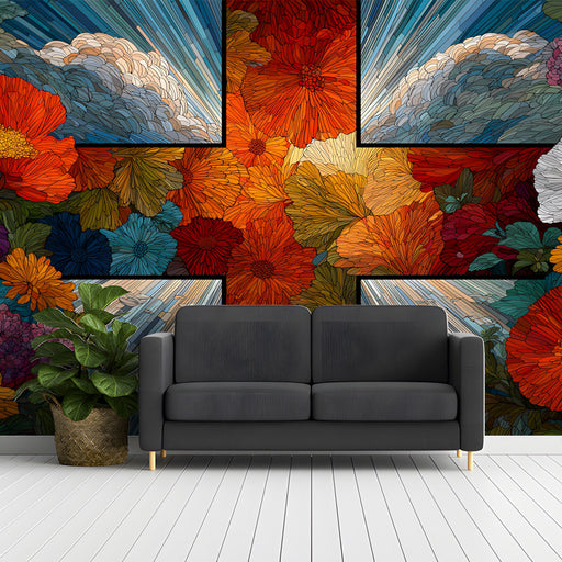A vibrant floral mural accent wall in a bright, modern dining room with minimalist wood furniture.