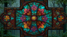 Intricate stained glass mural featuring teal, magenta, and ochre flowers set in a dark wooden frame structure