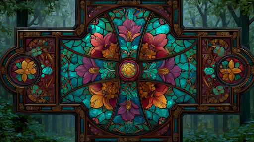 Intricate stained glass mural featuring teal, magenta, and ochre flowers set in a dark wooden frame structure