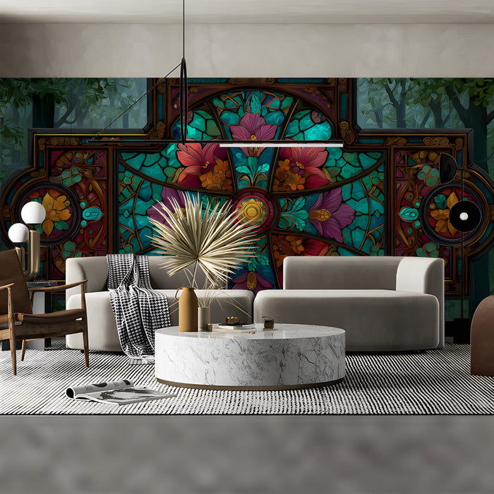 Detailed art-glass pattern used as a feature wall in a cozy home study or library