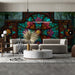 Detailed art-glass pattern used as a feature wall in a cozy home study or library