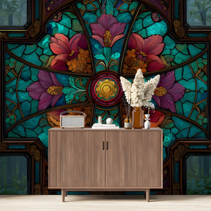 Stained glass floral wallpaper installed in a moody, sophisticated living room with dark velvet furniture
