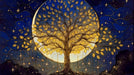 A golden tree silhouette set against a large crescent moon and a deep blue starry night sky.