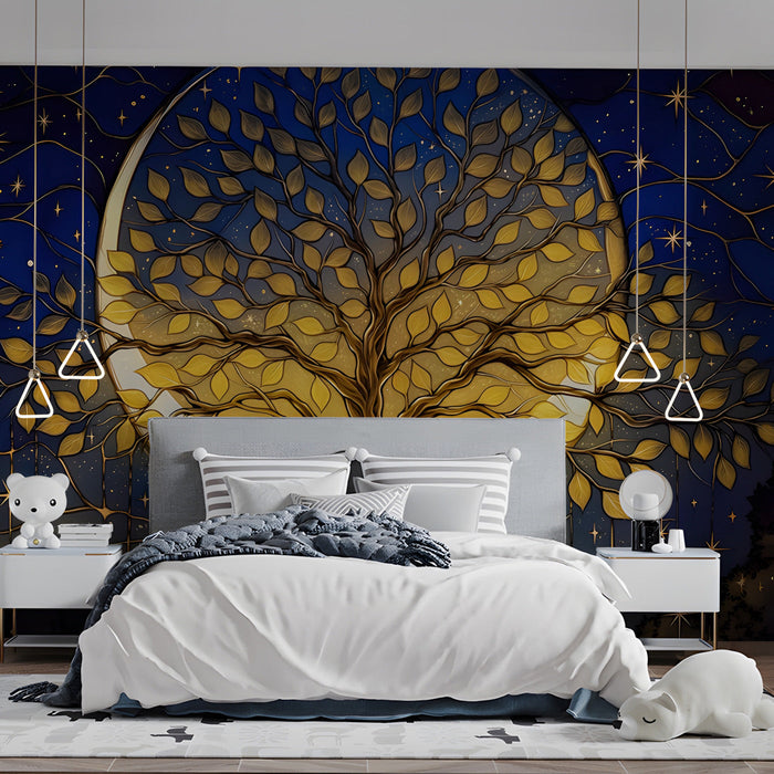 A serene reading nook with a golden tree wallpaper backdrop and soft ambient lighting.