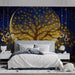A serene reading nook with a golden tree wallpaper backdrop and soft ambient lighting.