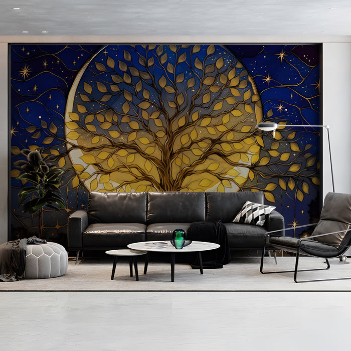 A cozy bedroom featuring a celestial tree feature wall behind a tufted navy velvet headboard.