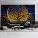 A cozy bedroom featuring a celestial tree feature wall behind a tufted navy velvet headboard.