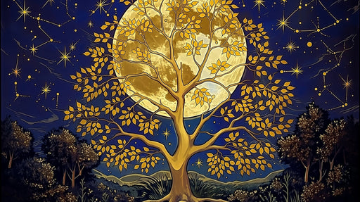 A golden tree silhouetted against a large yellow moon and dark navy night sky with constellations.