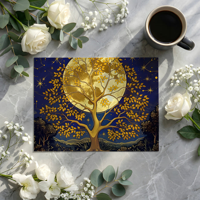 A moody home office space featuring a night-themed mural with gold trees and constellations.