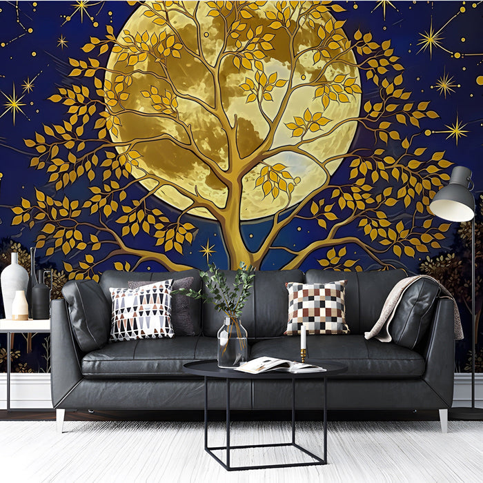 A quiet reading nook styled with deep navy and gold tree wallpaper for a mystical atmosphere.