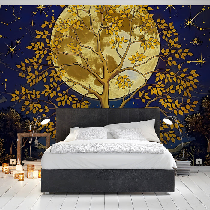 A cozy bedroom with a dark celestial moonlit tree wallpaper behind the headboard.