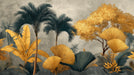 A mural wallpaper featuring golden palm leaves and deep charcoal foliage against a textured gray plaster backdrop.
