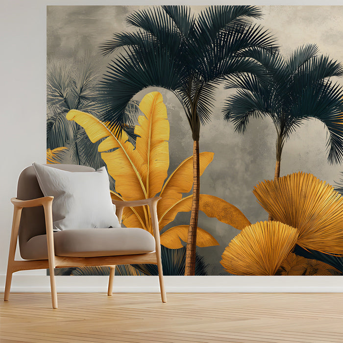 A tranquil bedroom interior showcasing the tropical palm design as an accent wall behind a headboard.