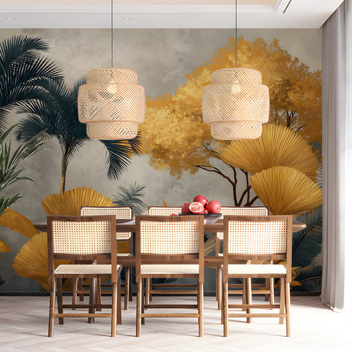 A cozy living room featuring the gilded palm mural on the main feature wall behind a velvet sofa.