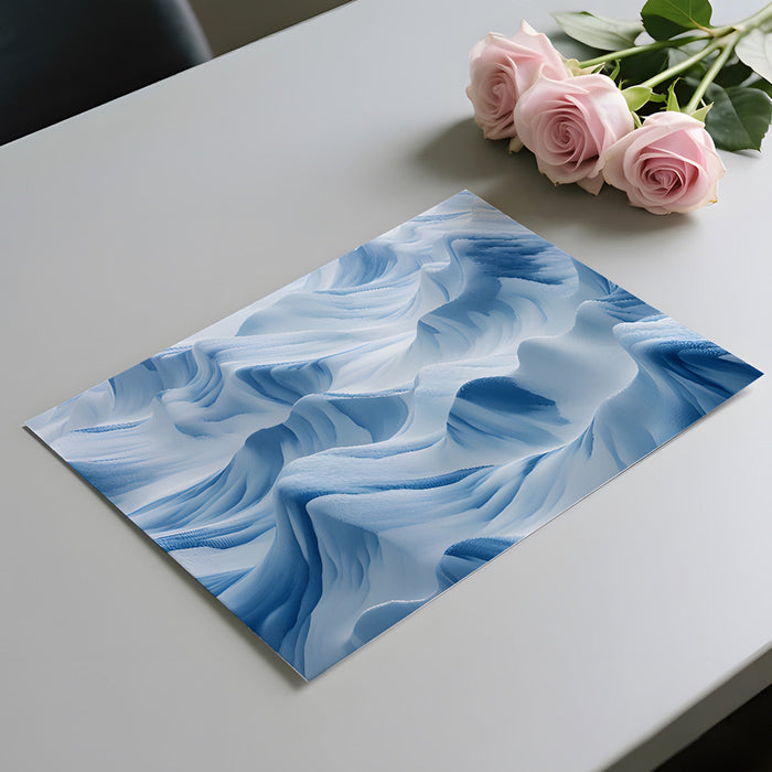 Modern home office with a fluid blue and white mountain landscape mural on the main feature wall.