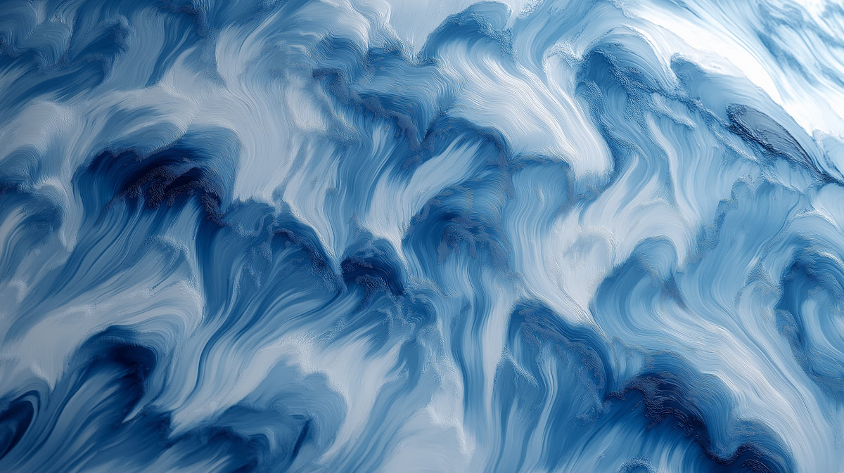 Abstract wallpaper pattern featuring swirling fluid brushstrokes in navy, cobalt, and frosty white tones.