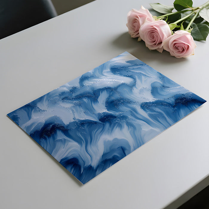 Bedroom wall mural with flowing blue wave patterns providing a soothing aesthetic for a rest space.