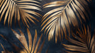 Abstract painterly palm leaves in metallic gold set against a deep charcoal background