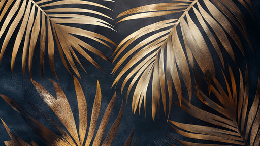 Abstract painterly palm leaves in metallic gold set against a deep charcoal background