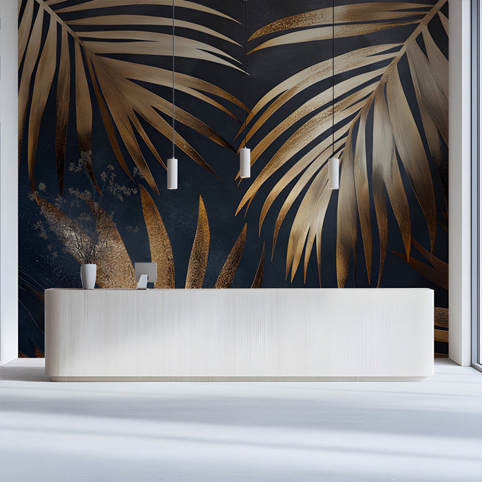 Dark botanical wall mural behind a home office desk, adding a touch of luxury