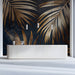 Dark botanical wall mural behind a home office desk, adding a touch of luxury
