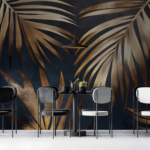 Gilded palm leaf wallpaper installed as an elegant accent wall in a modern dining room