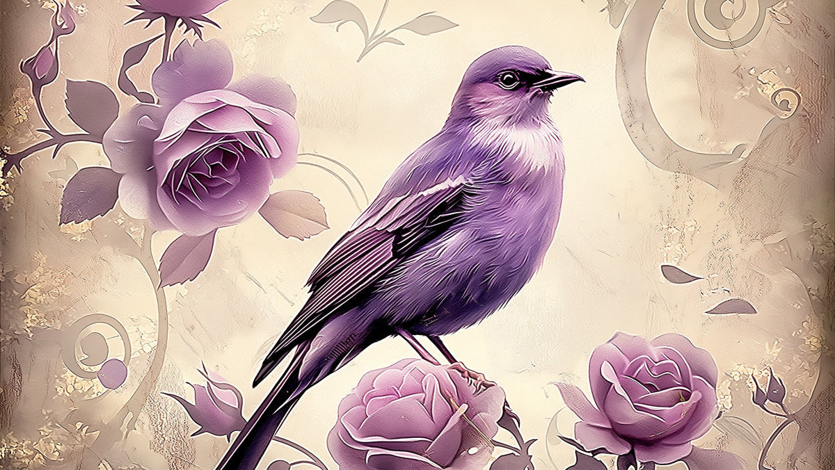 A soft watercolor-style wallpaper with purple songbirds and lilac roses on a creamy parchment background