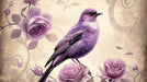 A soft watercolor-style wallpaper with purple songbirds and lilac roses on a creamy parchment background