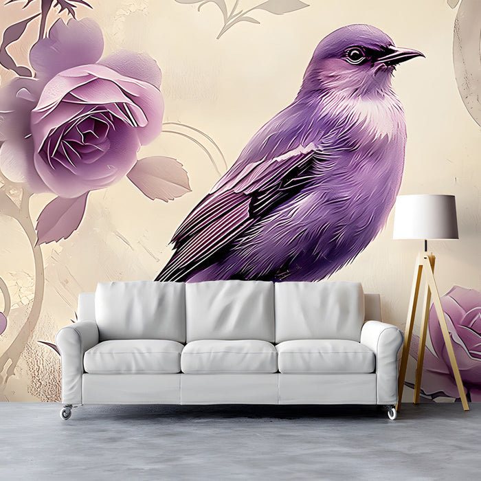 A cozy reading nook featuring floral wallpaper with purple birds and roses