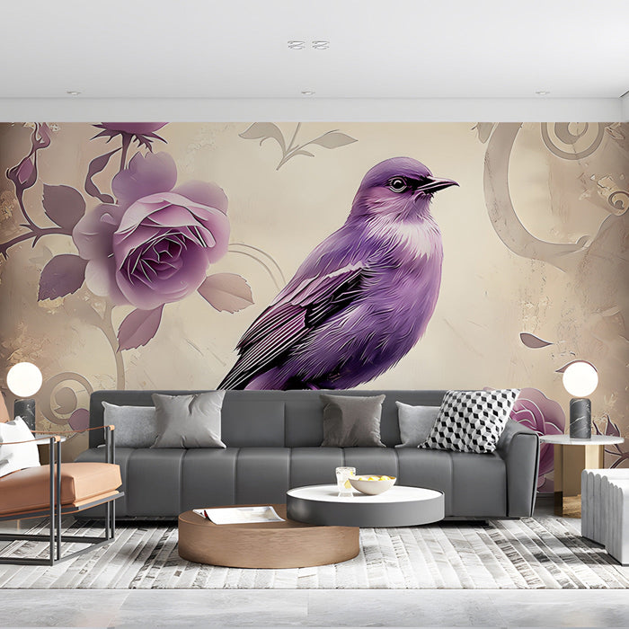 A romantic bedroom featuring the purple bird and rose floral mural behind a tufted headboard