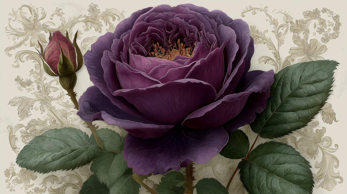 A large, dark purple rose mural wallpaper featuring baroque filigree patterns and deep green leaves on a cream background.