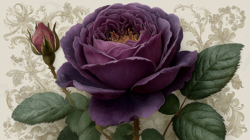 A large, dark purple rose mural wallpaper featuring baroque filigree patterns and deep green leaves on a cream background.