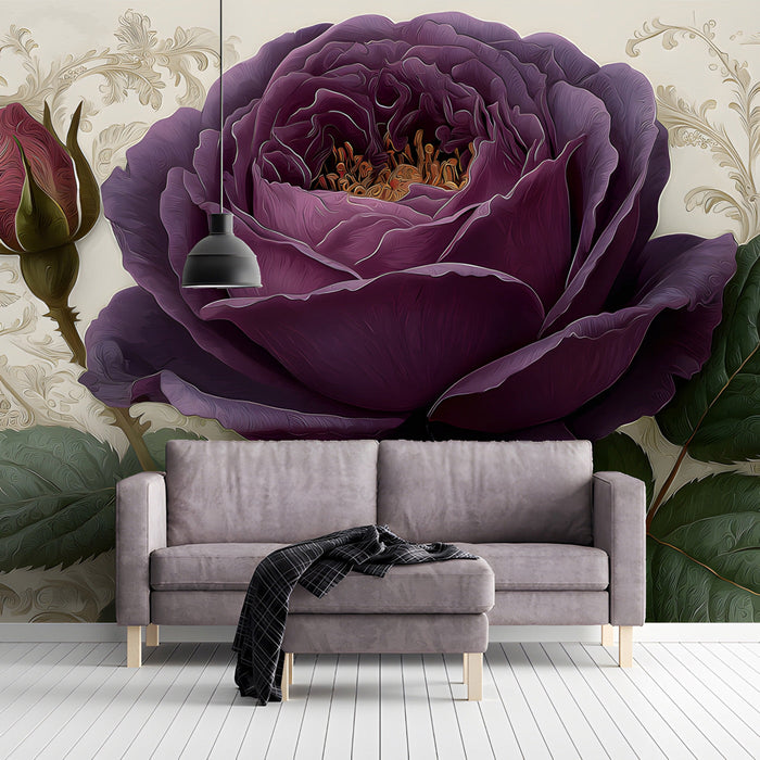 A cozy reading room with a botanical rose mural wallpaper, dark mahogany furniture, and soft warm lighting.