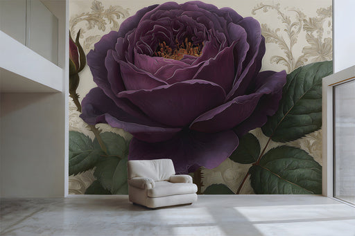 A luxurious bedroom featuring a dark floral rose wallpaper behind a velvet headboard and gold accents.