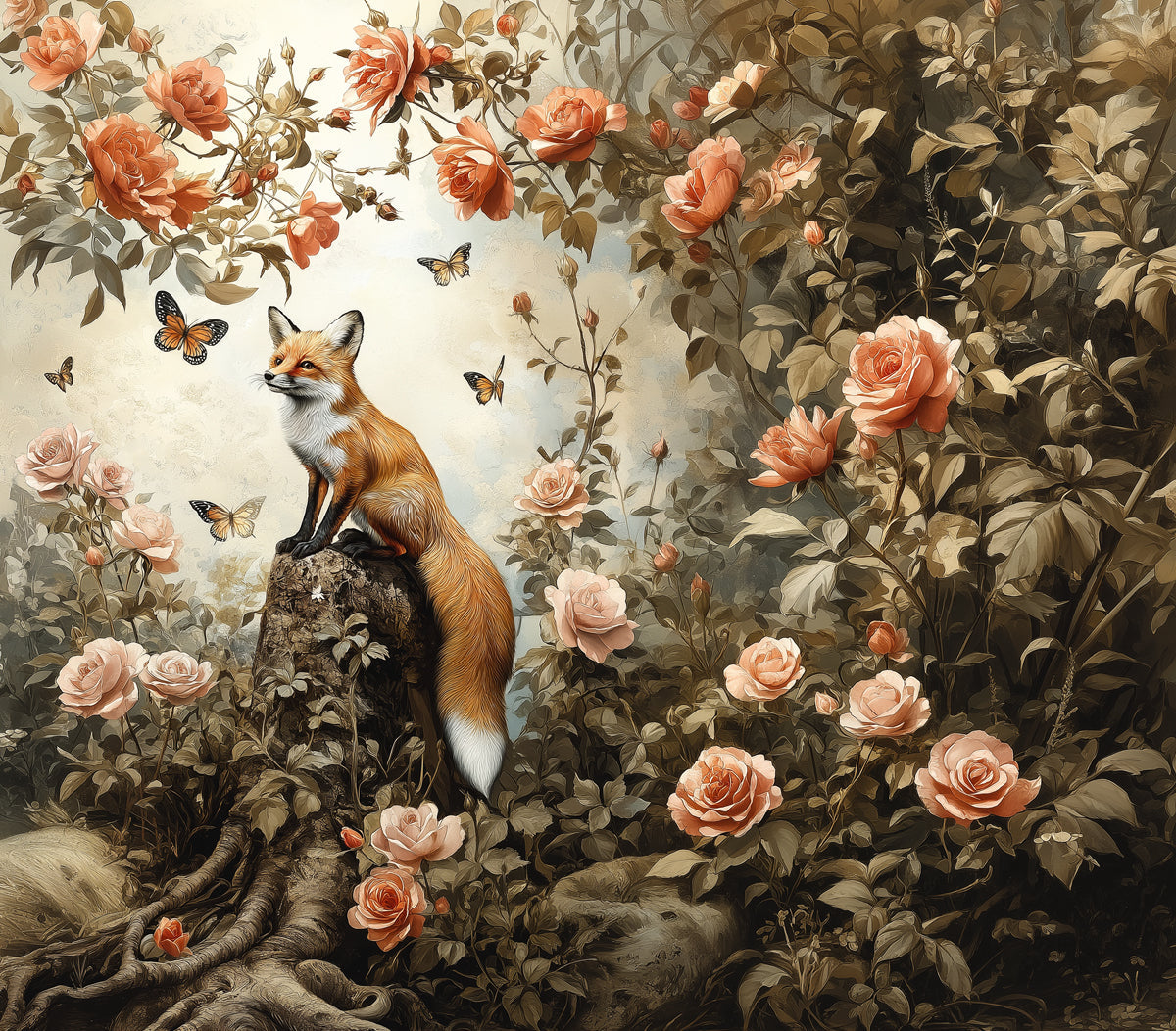 A painterly mural pattern featuring a fox perched on a tree stump surrounded by wild roses, butterflies, and sage green foliage.