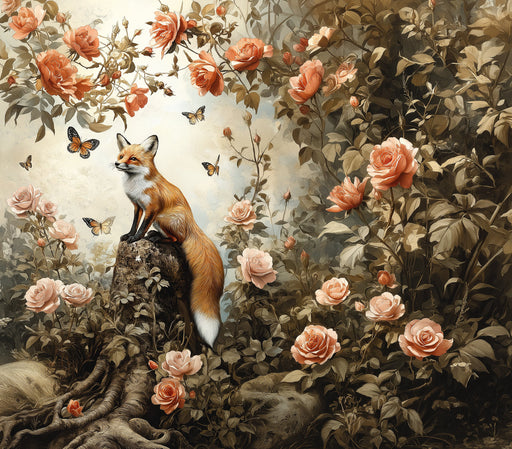 A painterly mural pattern featuring a fox perched on a tree stump surrounded by wild roses, butterflies, and sage green foliage.