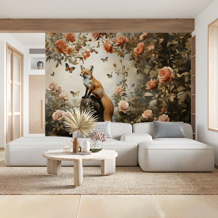 A sophisticated home office space decorated with a soft-toned floral and wildlife garden wall mural.