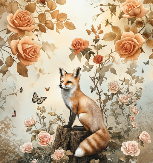 Fox sitting on a tree stump surrounded by amber roses and butterflies in a painterly style