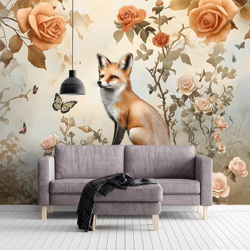 Charming fox and floral wallpaper accent wall in a quiet bedroom setting