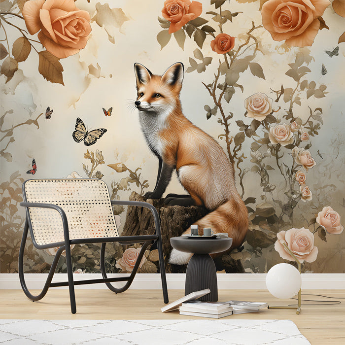 Whimsical fox and rose garden mural installed in a nursery with light wood furniture