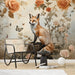 Whimsical fox and rose garden mural installed in a nursery with light wood furniture