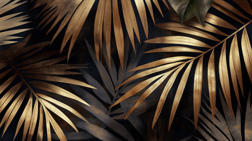 Abstract golden palm fronds layered over a deep matte black background with painterly textures