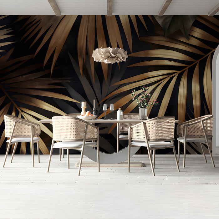 Dark botanical accent wall featuring gold palm leaves in a luxurious bedroom