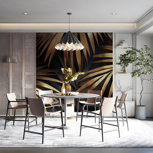 Gilded palm leaf mural behind a velvet sofa in a modern moody living room