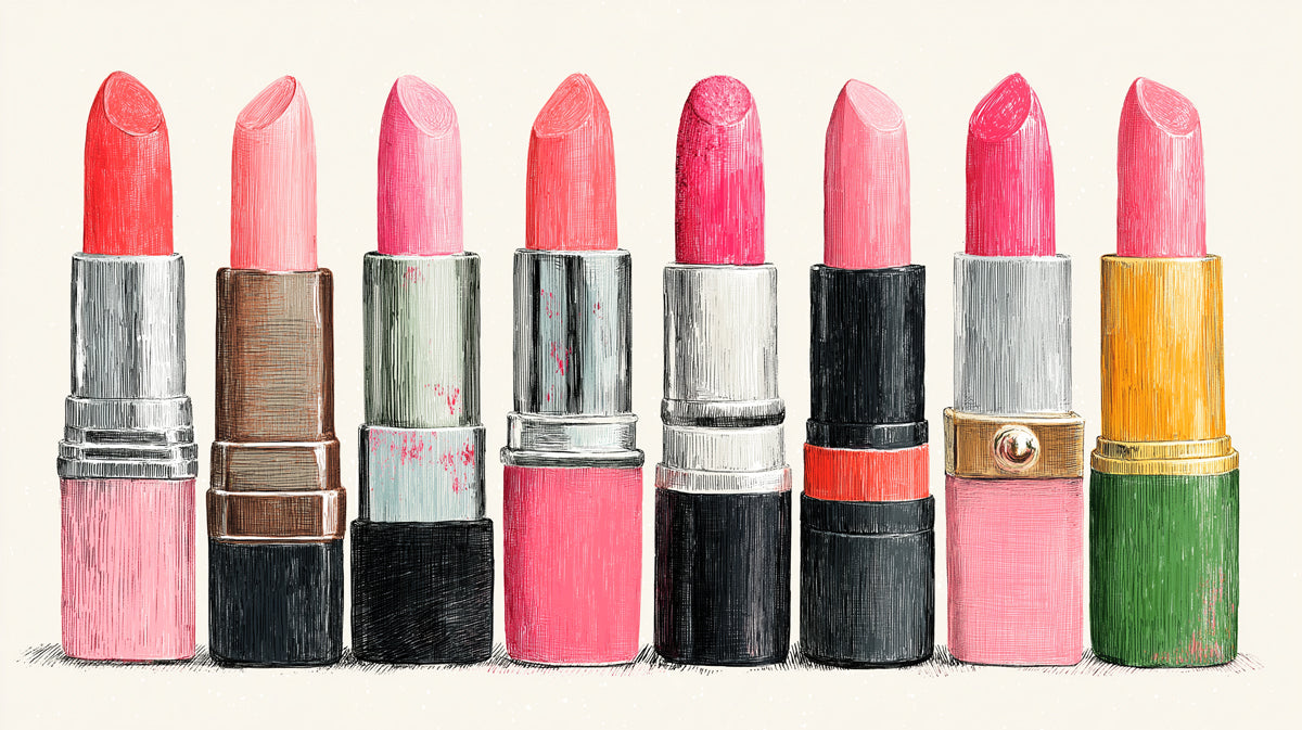 A hand-drawn pattern of colorful vintage lipstick tubes in pink, coral, red, and metallic tones on an off-white background.