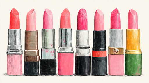 A hand-drawn pattern of colorful vintage lipstick tubes in pink, coral, red, and metallic tones on an off-white background.