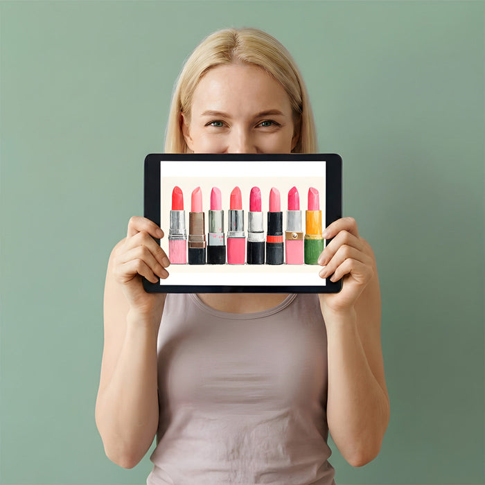 A vibrant boutique interior decorated with playful lipstick illustration mural for a modern retail aesthetic.