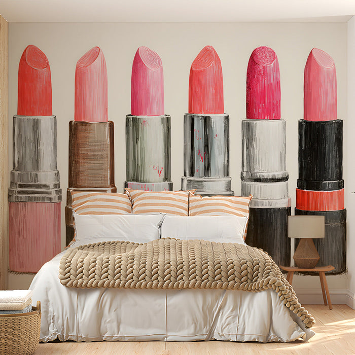 A creative home office space featuring a pop-art style lipstick wallpaper to provide a burst of personality.