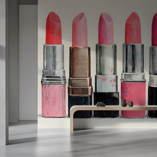 A chic dressing room featuring a lipstick motif wallpaper as a stylish accent wall behind a vanity mirror.