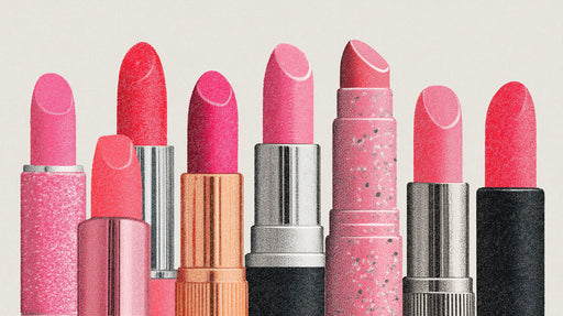 A graphic wallpaper pattern of colorful pink and coral lipstick tubes with metallic casings on a light background